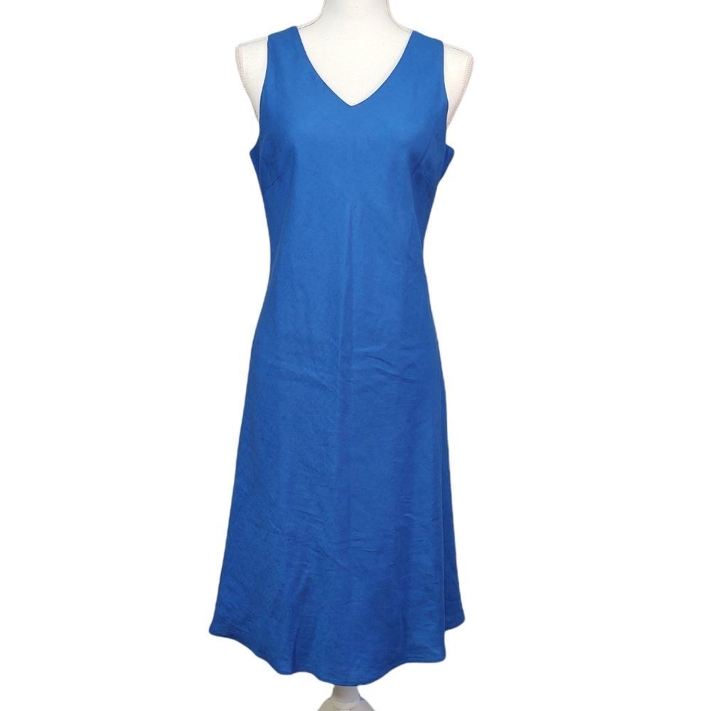 Tribeca Studio Linen Blend Sleeveless V-Neck Blue Dress 10